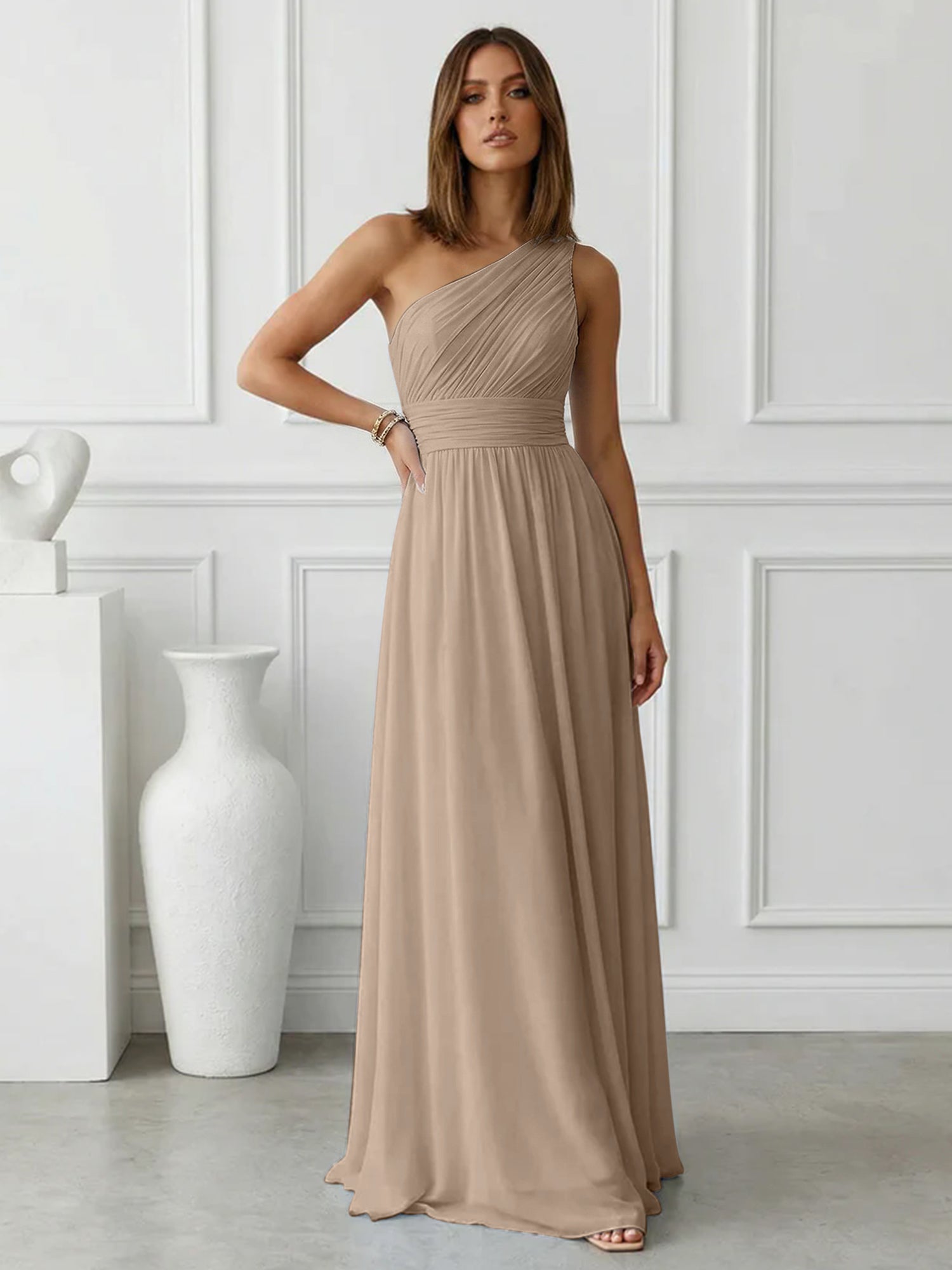 Timeless Light Blue One-Shoulder Maxi Dress Ruched Chiffon Gown