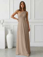 Timeless Light Blue One-Shoulder Maxi Dress Ruched Chiffon Gown