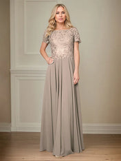 A Line Chiffon Boat Neck Short Sleeves Floor Length Pleated Mother of the Bride Dresses