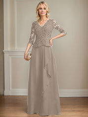 A-line V-Neck Floor-Length Lace Chiffon Mother of the Bride Dress With Cascading Ruffles Sequins