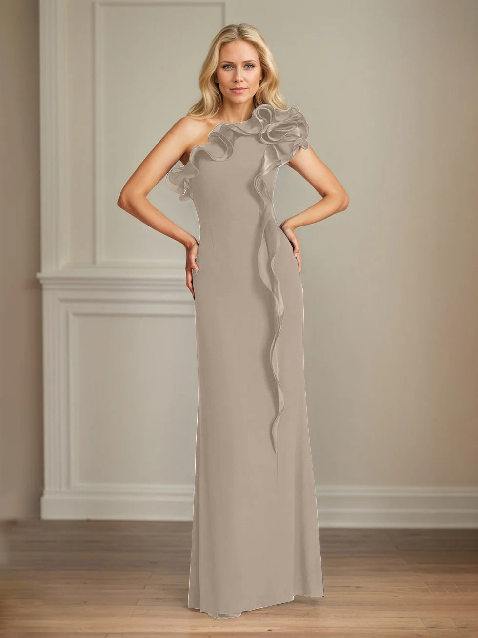 Column One Shoulder Floor Length Mother of the Bride Dresses With Ruffles