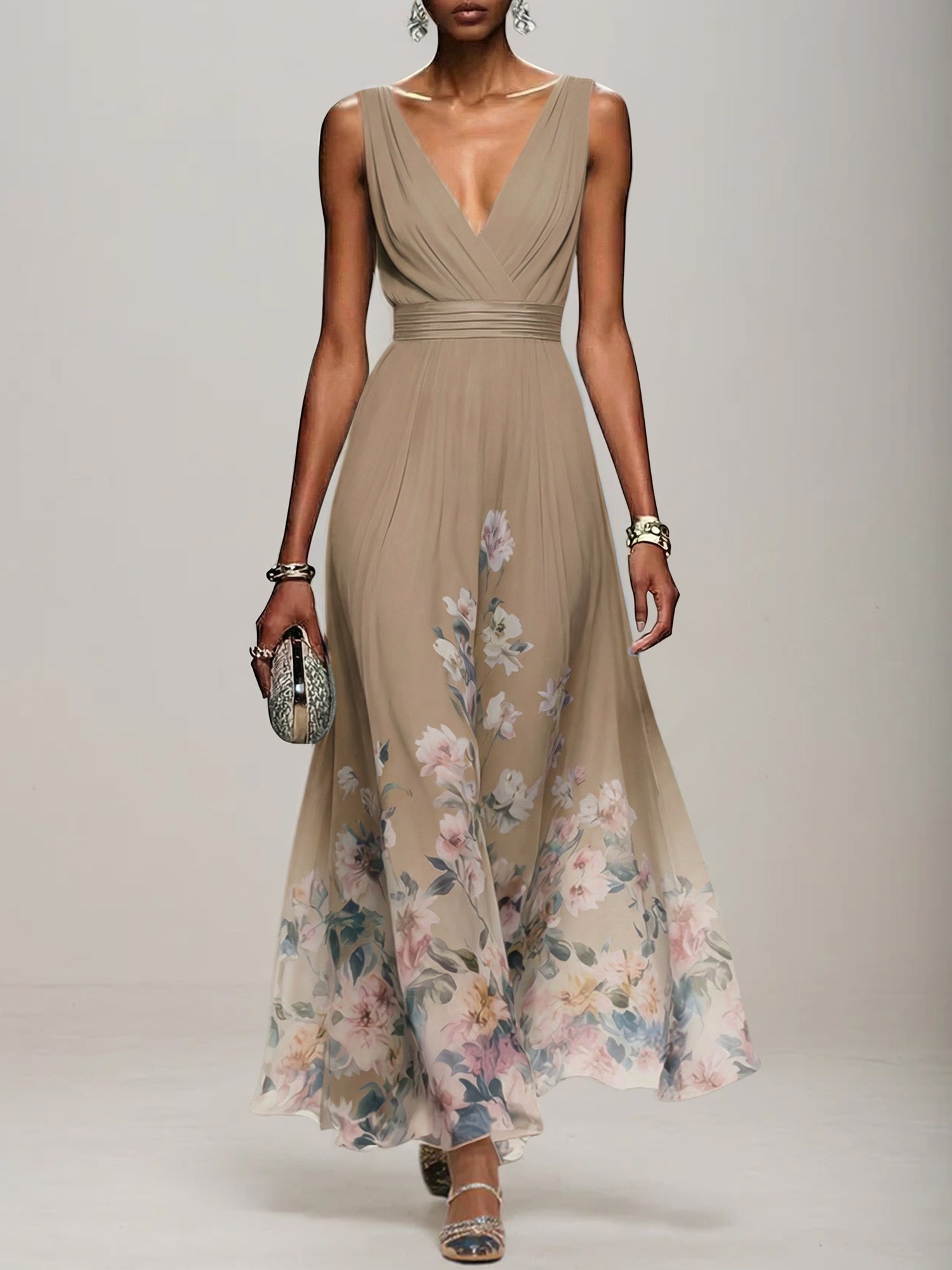 Light Blue Floral Chiffon V Neck Sleeveless A Line Maxi Dress