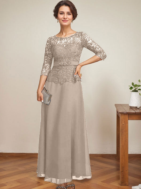 A-line Scoop Illusion Ankle-Length Chiffon Lace Mother of the Bride Dress With Rhinestone Beading