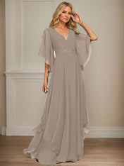 A-line V-Neck Floor-Length Chiffon Mother of the Bride Dress With Sequins Appliques Lace Beading