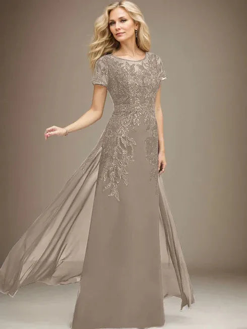 Column Scoop Illusion Floor-Length Lace Chiffon Mother of the Bride Dress With Sequins