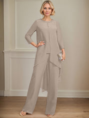 Separates Jumpsuit/Pantsuit Scoop Floor-Length Chiffon Mother of the Bride Dress With Sequins Beading