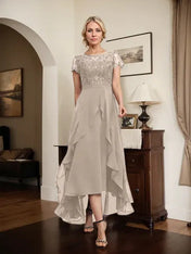 A-line Scoop Illusion Asymmetrical Chiffon Lace Mother of the Bride Dress With Bow Ruffle Sequins