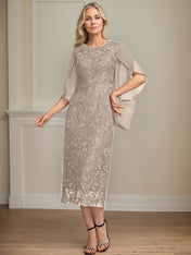 Sheath/Column Scoop Tea-Length Lace Chiffon Mother of the Bride Dress