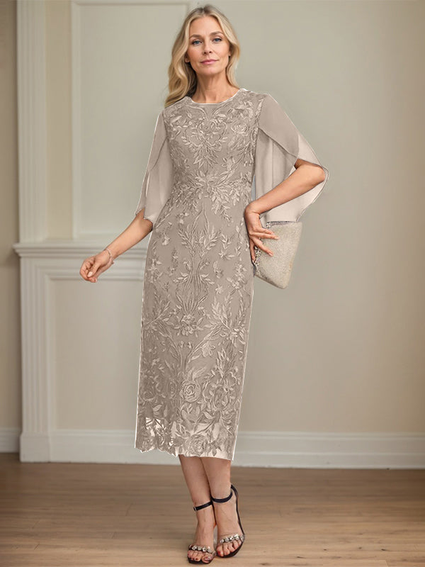 Column Scoop Tea-Length Lace Chiffon Mother of the Bride Dress