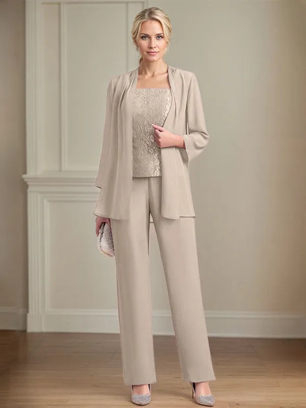 Chiffon Square Neck Sleeveless Floor Length Mother of the Bride Pantsuits