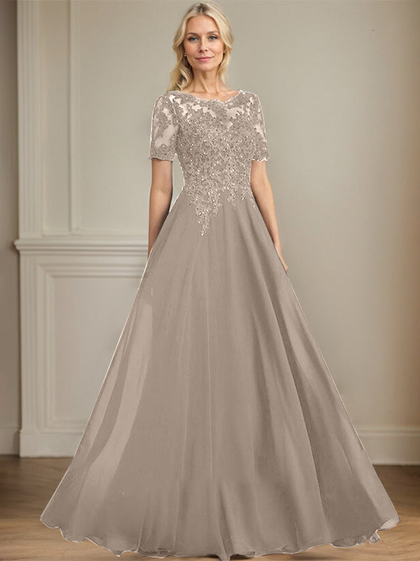 A-line Scoop Illusion Floor-Length Chiffon Lace Mother of the Bride Dress With Sequins Beading