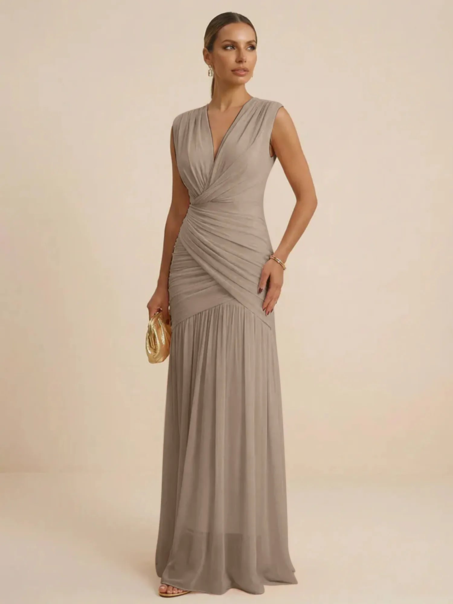 Pink Regular Straps V Neck Chiffon Pleat Mermaid Maxi Dress