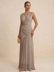 Pink Regular Straps V Neck Chiffon Pleat Mermaid Maxi Dress