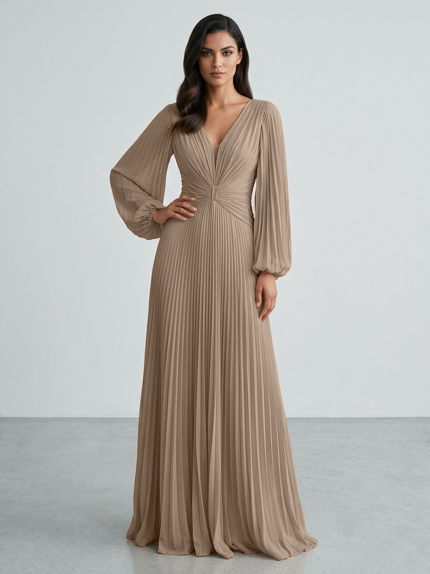 Slate Blue Plunging V-Neck Pleated Long Sleeve Maxi Dress Gown