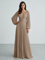 Slate Blue Plunging V-Neck Pleated Long Sleeve Maxi Dress Gown