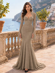 Long-Sleeve Lace-Trimmed Mermaid Evening Dress