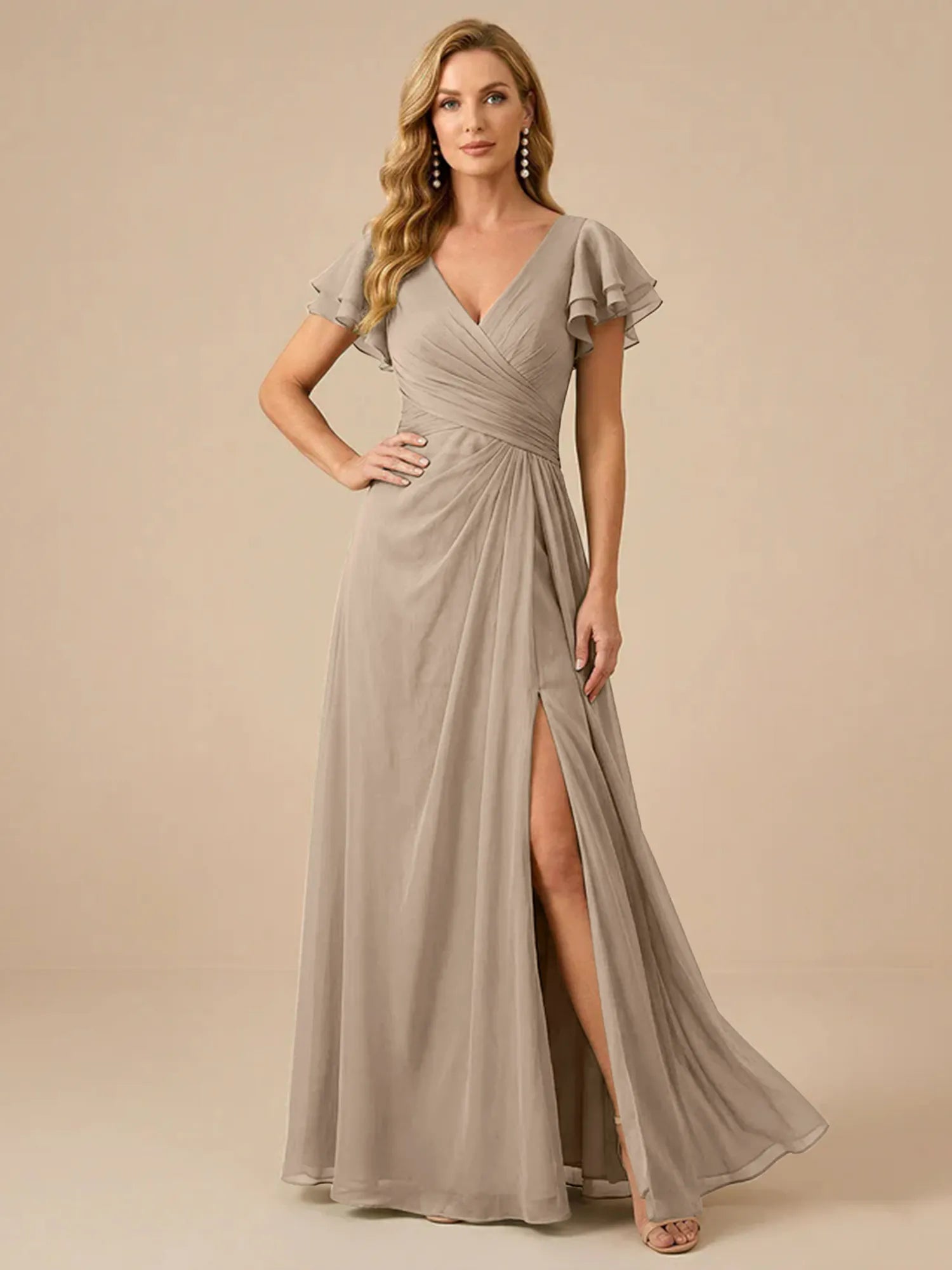 Sage Green V-Neck High-Slit Pleated Chiffon Dress