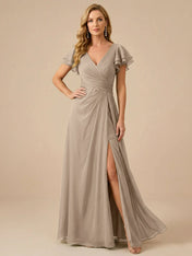 Sage Green V-Neck High-Slit Pleated Chiffon Dress