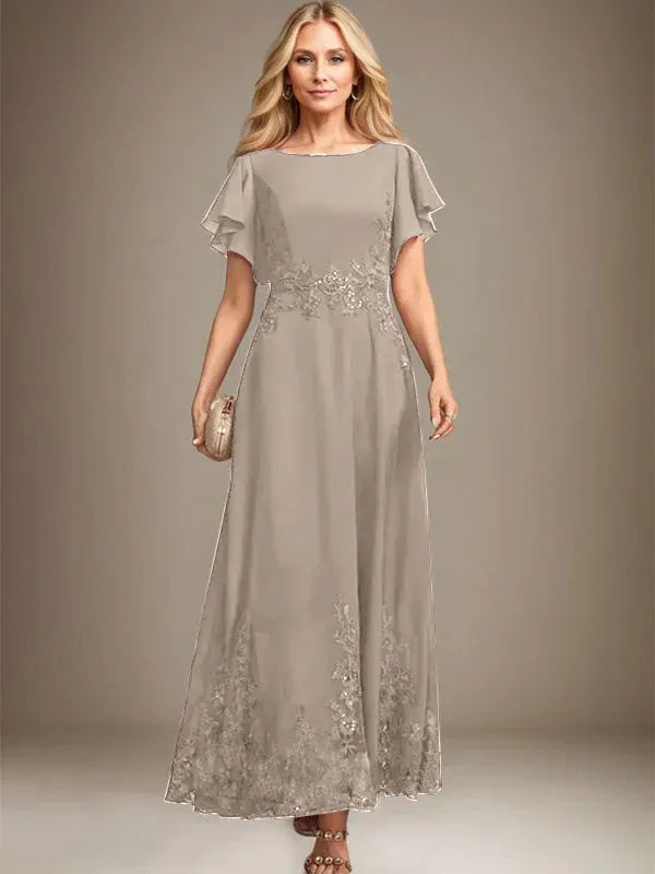 Robe de mère de la mariée trapèze en mousseline de soie et dentelle, longueur cheville, avec paillettes 
