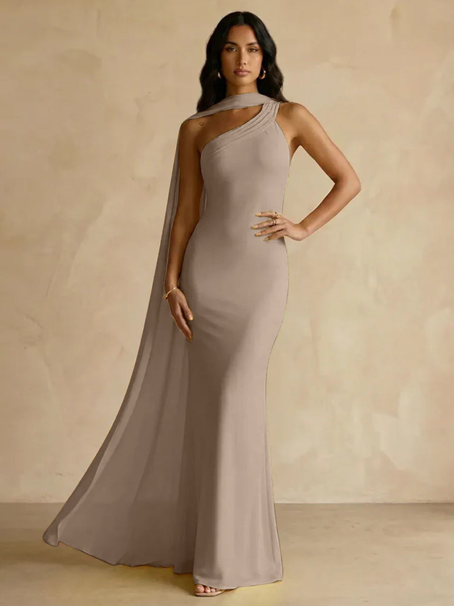Yellow One-Shoulder Crepe Sheath Gown with Flowing Chiffon Cape Train