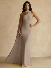Yellow One-Shoulder Crepe Sheath Gown with Flowing Chiffon Cape Train