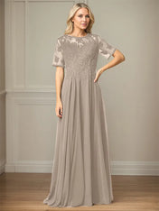 A Line Chiffon Scoop Neck Short Sleeves Floor Length Mother of the Bride Dresses