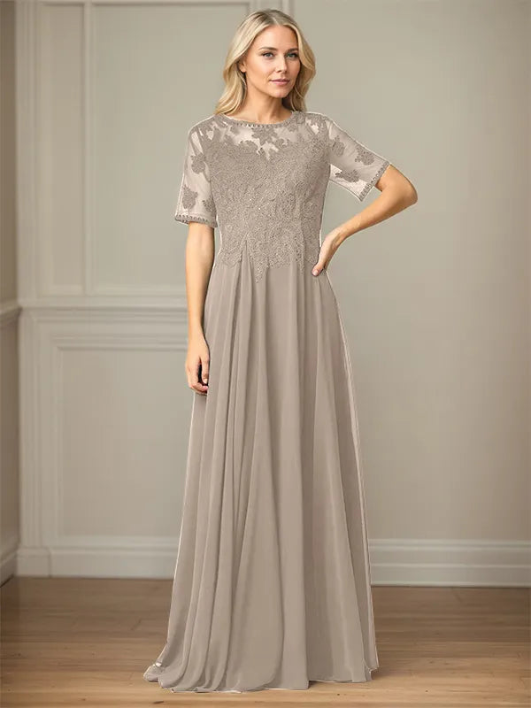 A Line Chiffon Scoop Neck Short Sleeves Floor Length Mother of the Bride Dresses