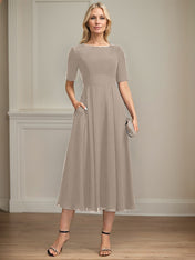 A-line Scoop Tea-Length Chiffon Mother of the Bride Dress With Appliques Lace Sequins