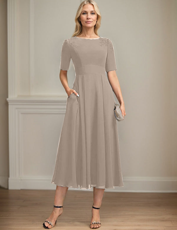 A-line Scoop Tea-Length Chiffon Mother of the Bride Dress With Appliques Lace Sequins