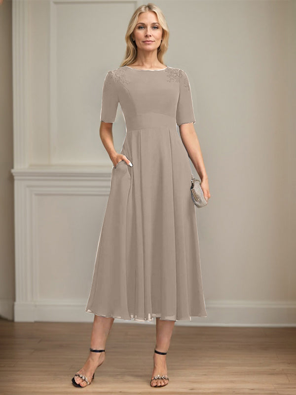 A-line Scoop Tea-Length Chiffon Mother of the Bride Dress With Appliques Lace Sequins