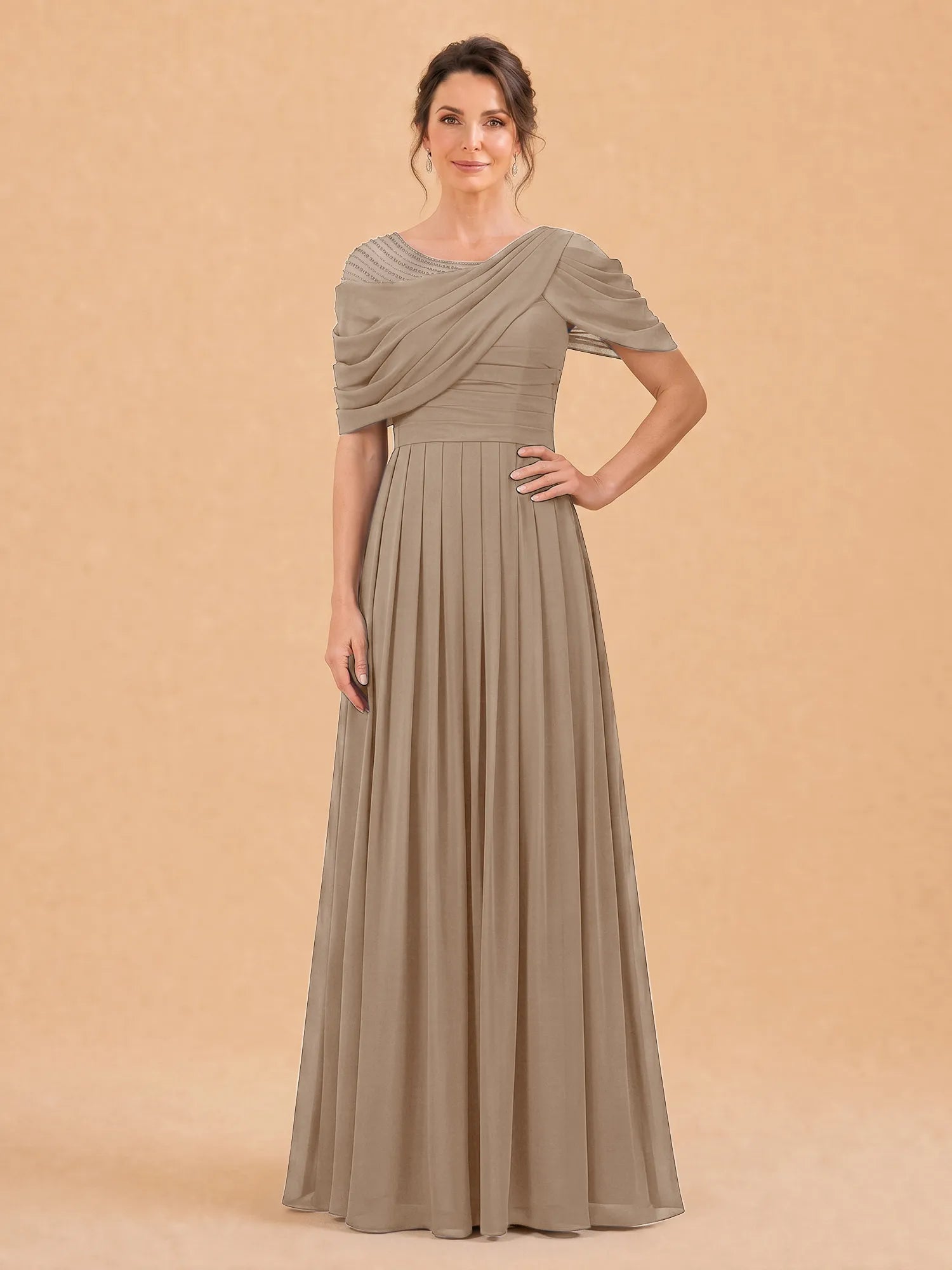 One-Shoulder Cape Overlay Chiffon Mother of the Bride Dress