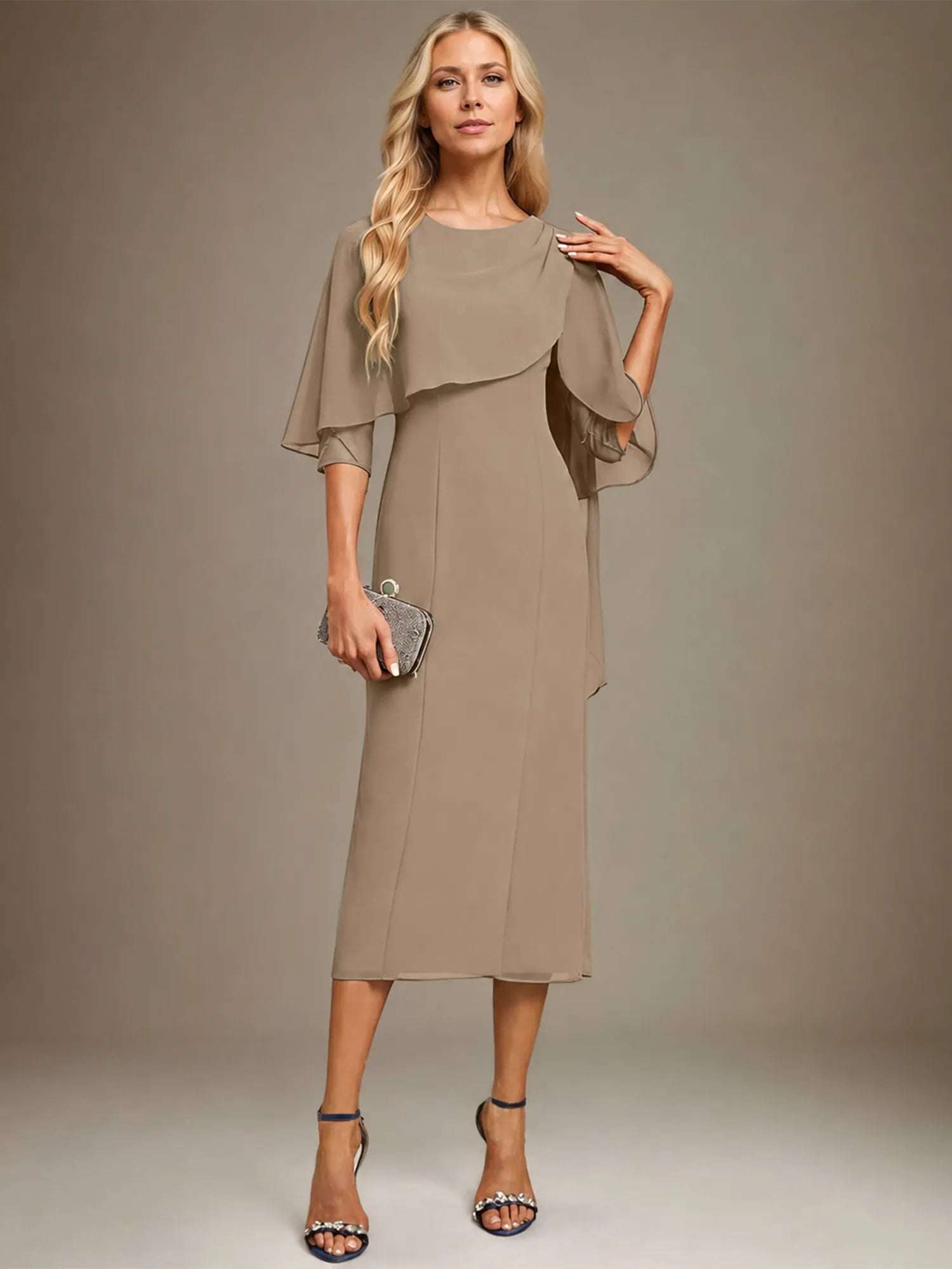 Sheath/Column Scoop Tea Length Chiffon Dress With Pleated Beading