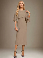 Sheath/Column Scoop Tea Length Chiffon Dress With Pleated Beading