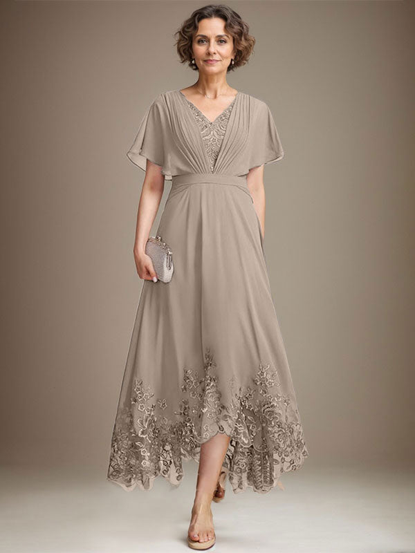 A-line V-Neck Asymmetrical Lace Chiffon Mother of the Bride Dress With Pleated
