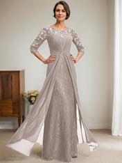A-Line Scoop Illusion Floor-Length Lace Chiffon Mother Of the Bride Dress With Beading Ruffles