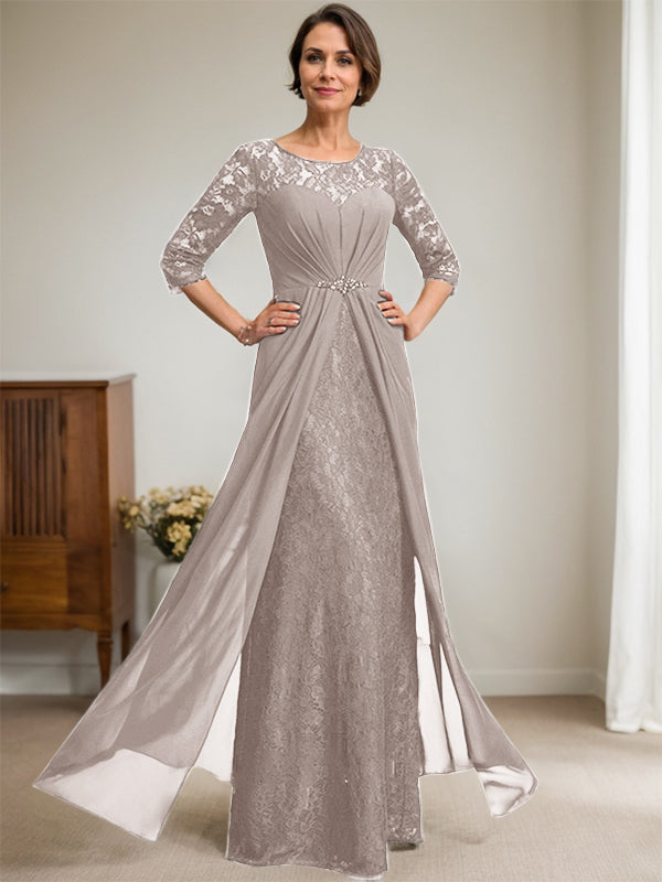 A-Line Scoop Illusion Floor-Length Lace Chiffon Mother Of the Bride Dress With Beading Ruffles