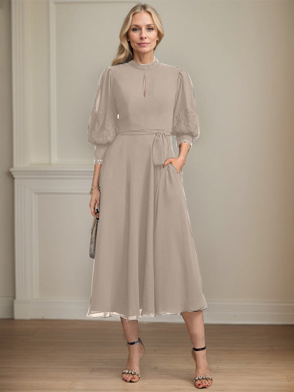 A-line High Neck Tea-Length Lace Chiffon Mother of the Bride Dress With Bow