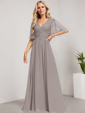 A-line V-Neck Floor-Length Lace Chiffon Mother of the Bride Dress With Sequins