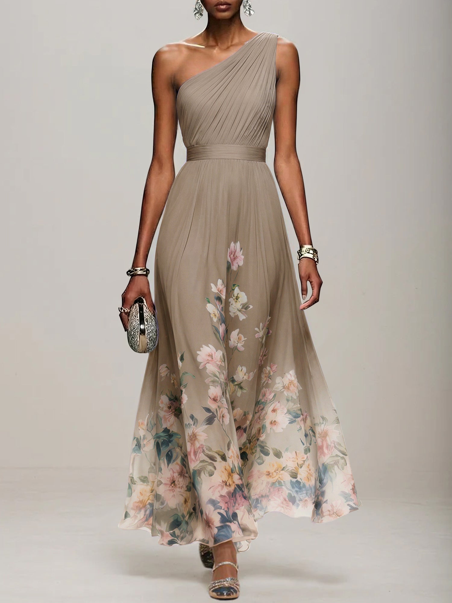 Light Blue Floral Chiffon One Shoulder Sleeveless A-Line Maxi Dress Gown