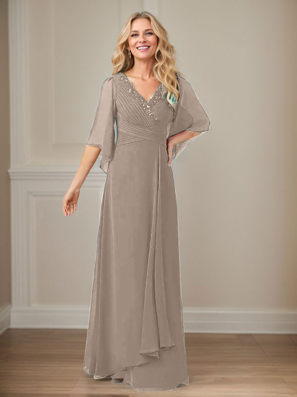 A-Line V-Neck Long Sequins Chiffon Mother Dress