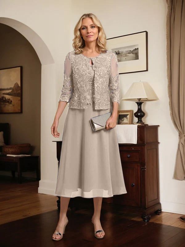 A-line Scoop Tea-Length Lace Chiffon Mother of the Bride Dress With Sequins
