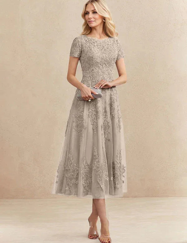 A-line Scoop Tea-Length Tulle Lace Mother of the Bride Dress