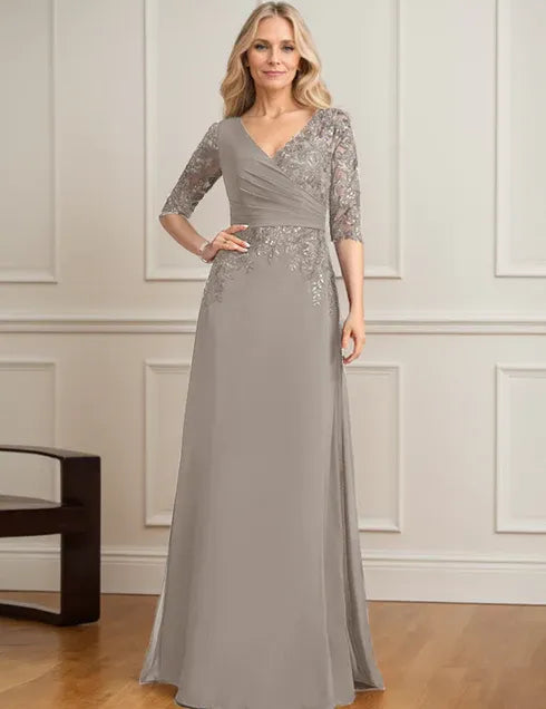 Robe de mère de la mariée trapèze, col en V, longueur au sol, en mousseline de soie et dentelle, avec sequins plissés 
