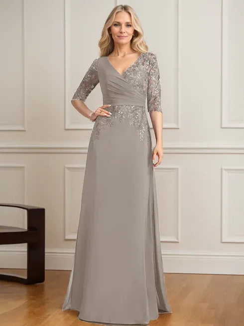 Robe de mère de la mariée trapèze, col en V, longueur au sol, en mousseline de soie et dentelle, avec sequins plissés 