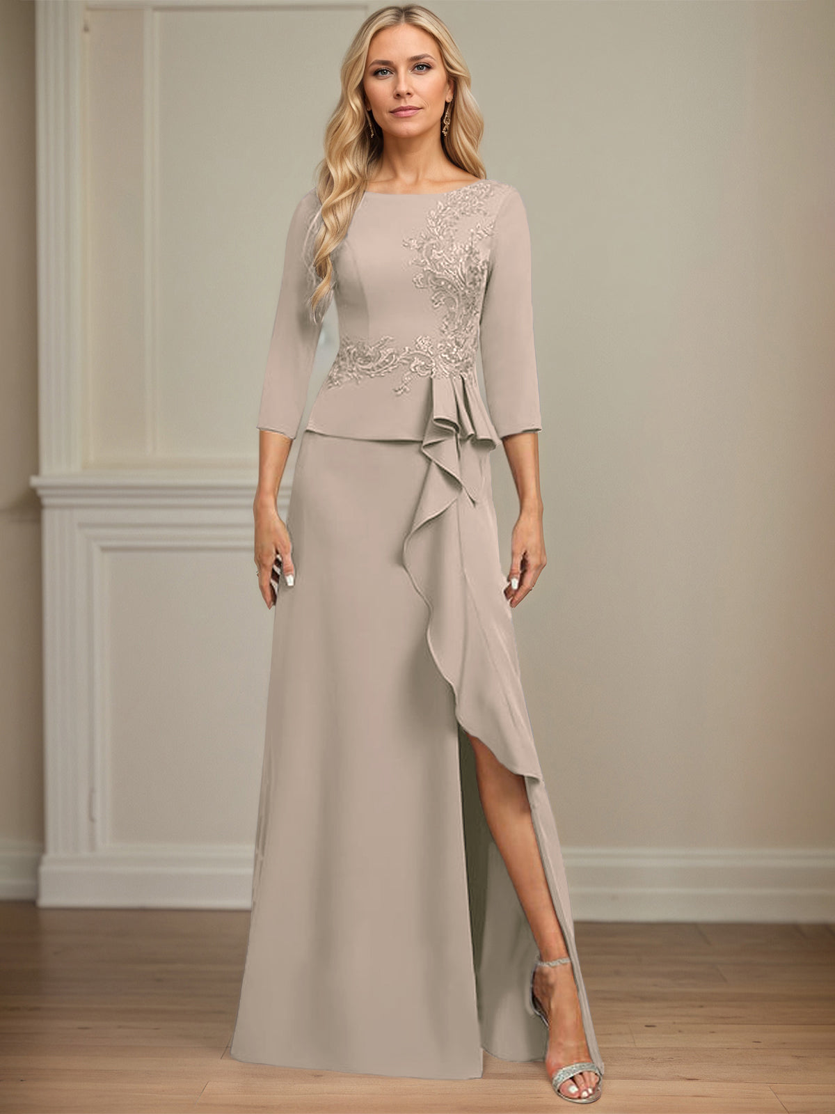 Column Scoop Floor-Length Stretch Crepe Dress With Cascading Ruffles Appliques