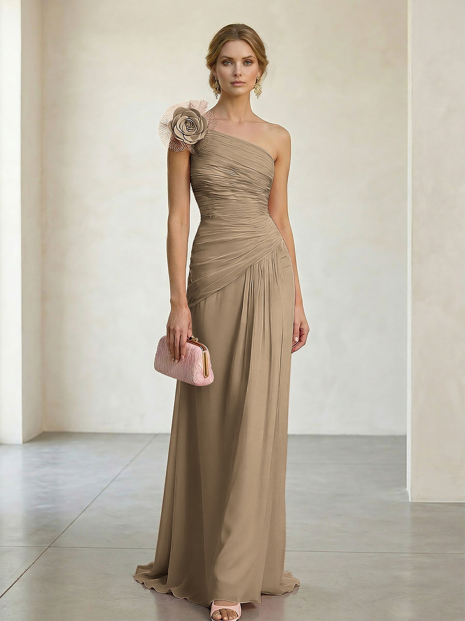 Blush Pink One-Shoulder Ruched 3D Floral Gown Dress