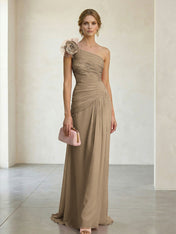 Blush Pink One-Shoulder Ruched 3D Floral Gown Dress