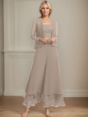 Separates Jumpsuit/Pantsuit Square Ankle-Length Lace Chiffon Mother of the Bride Dress With Sequins