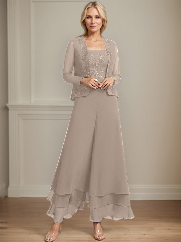 Robe de mère de la mariée en mousseline de soie, longueur cheville, avec sequins, combinaison/tailleur carré 