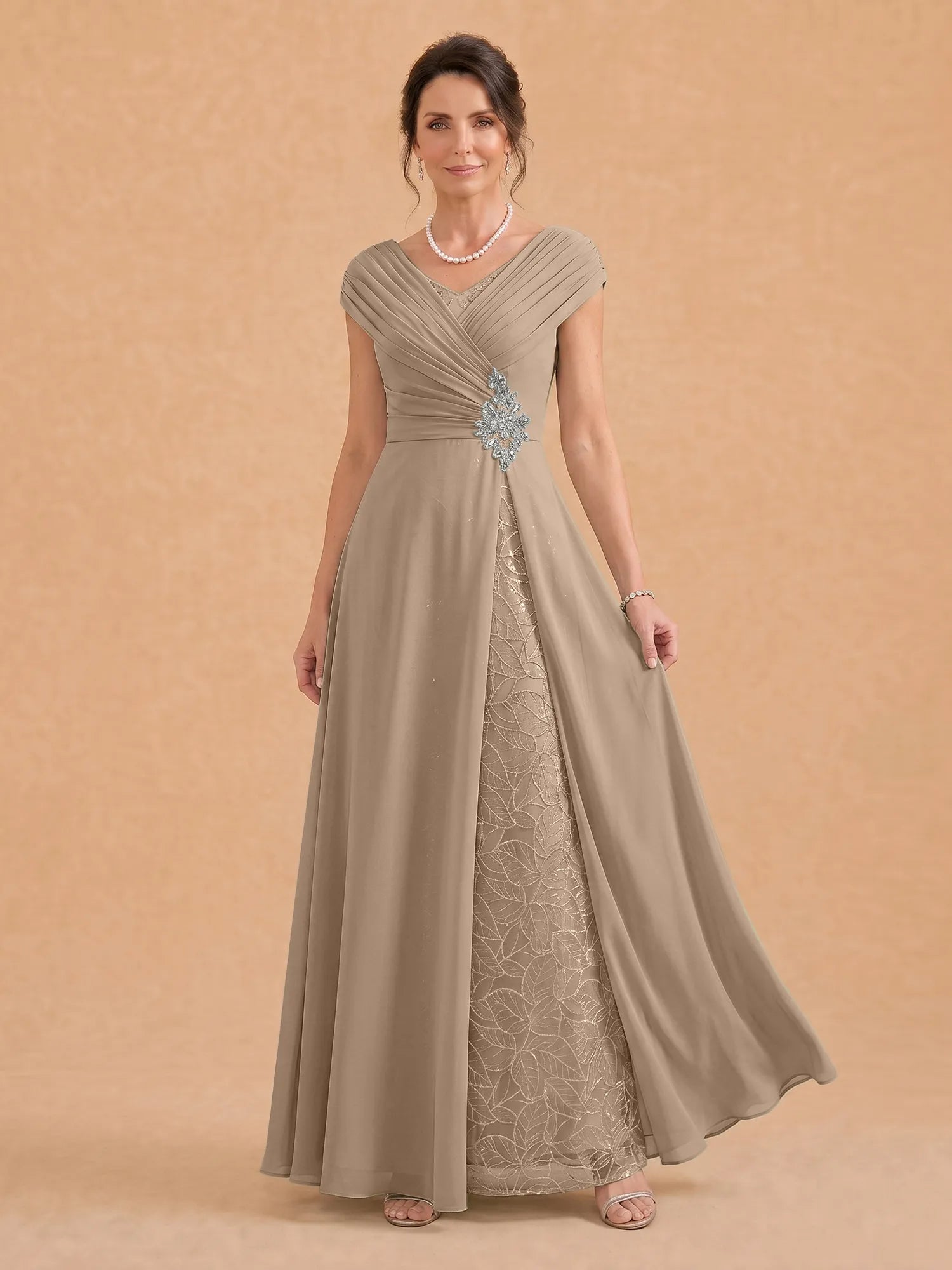V-Neck Ruched Chiffon A-Line Mother of the Bride Dress with Crystal Brooch